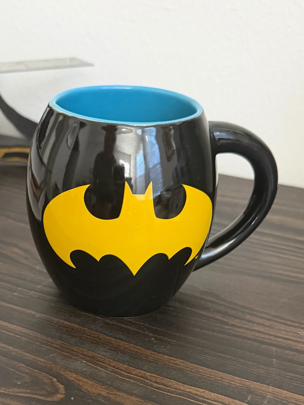 DC Comics Black Mug with Yellow Batman Emblem and Blue Interior